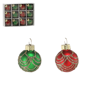 SET OF 12 GLASS ORNAMENTS - RED-GREEN