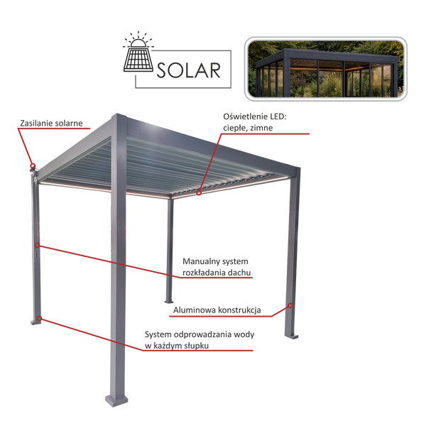 PERGOLA OGRODOWA ALUMINIOWA SZARA LED 3 x 4 x 2,5 M