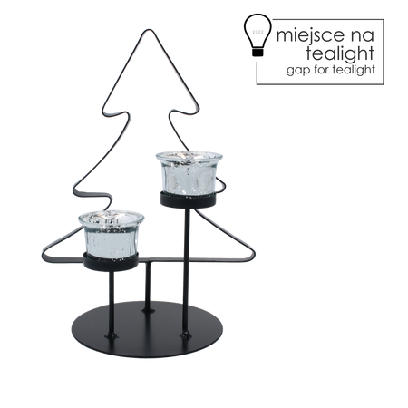 ŚWIECZNIK METALOWY NA TEALIGHT CZARNY -CHOINKA Z DWOMA WKŁADAMI SZKLANYMI 30 CM  *8778