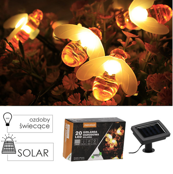 LED SOLAR GARDEN GARLAND LUNGIME 2 + 3,8 M BURSUCURI 20 LED ALB CALD *3637