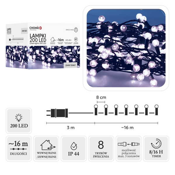 LED SVĚTLA CHERRY BALL 200L STUDENÁ BÍLÁ, DÉLKA 3 + 16 M *9973