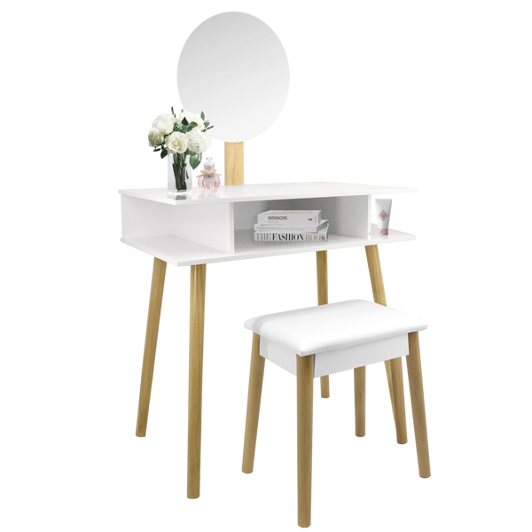 TOALETKA DO WIZAŻU BIAŁA RETRO Z OKRĄGŁYM LUSTREM + TABORET *5803