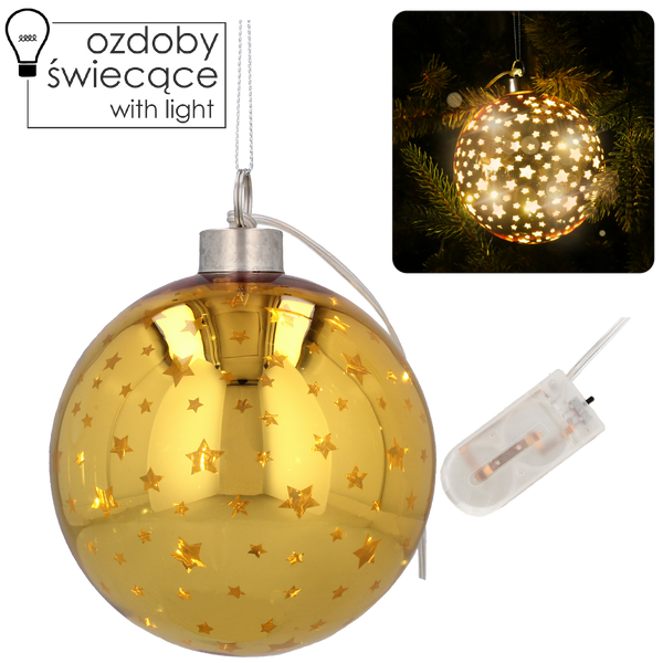 OZDOBA ŚWIĄTECZNA SZKLANA FI 12 CM LED BOMBKA ZŁOTA W GWIAZDKI opak=6szt *2775