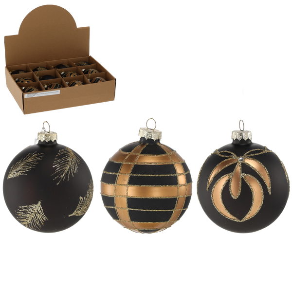 GLASS ORNAMENT - MATTE BLACK DECORATED MIXED PATTERNS 8 CM