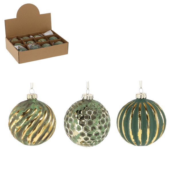 GLASS BAUBLE 8 CM GREEN DECORATED MIX DESIGNS