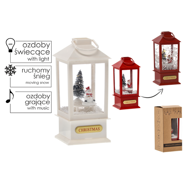 VÁNOČNÍ LAMPION 9 x 9 x 23 cm S LED VLOŽKOU MELODIÍ - BÍLÝ SE SNEHULÁKEM / ČERVENÝ SE MIKULÁŠEM*1628