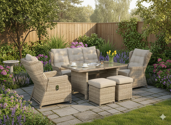 ZESTAW MEBLI OGRODOWYCH ALUMINIOWYCH RATTANOWYCH (SOFA + STÓŁ + 2 FOTELE + 2 PUFY) BRĄZOWY + BEŻOWE PODUSZKI