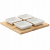 SADA NA SERVÍROVANIE PREDKRMOv - 4 ŠTVORCOVÉ PORCELÁNOVÉ MISKY S BAMBUSOVOU DOSKOU 22x22x3,5CM *7279