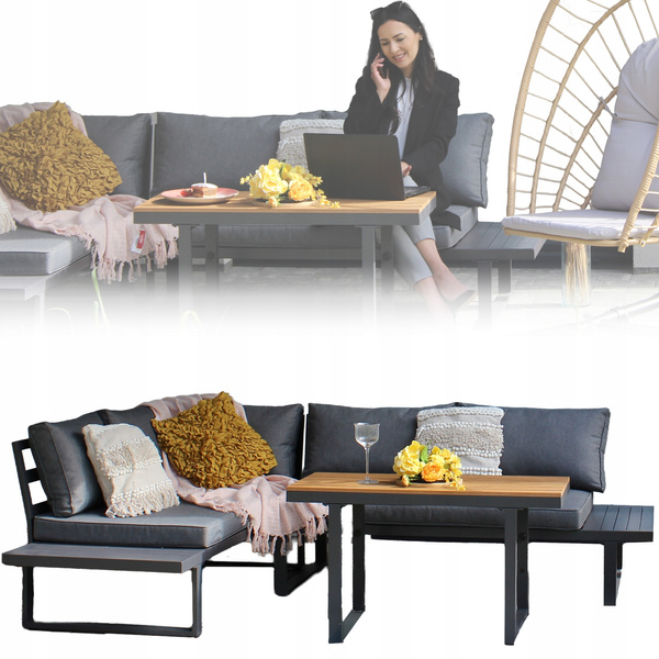 ZESTAW MEBLI ALUMINIOWYCH "BOGOTA" (SOFA NAROŻNA + STOLIK) SZARY + SZARE PODUSZKI 