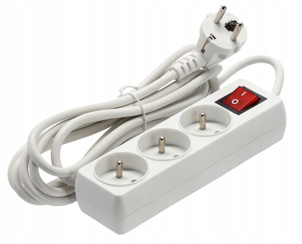 EXTENSION CORD POWER STRIP WITH SWITCH 3 SOCKETS 3M WHITE