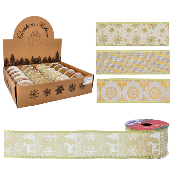 RIBBON DECORATIVĂ DE SĂRBĂTOARE 5 CM x 2,7 M AURIE MIX DE MODELE pachet=20buc *9805