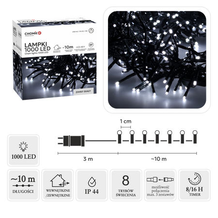 LAMPKI LED CLUSTER 1000L ZIMNY BIAŁY, DŁ. 3 + 10 M WEWN/ZEWN *8219