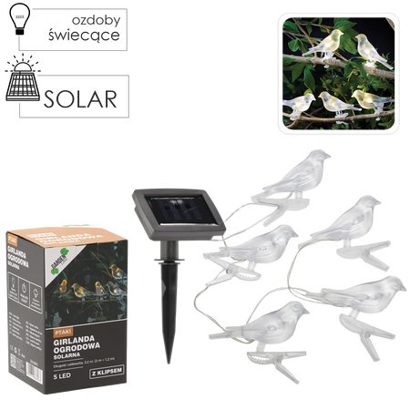SET OF 5 SOLAR BIRDS STRING LIGHTS WITH CLIPS WARM WHITE LED
