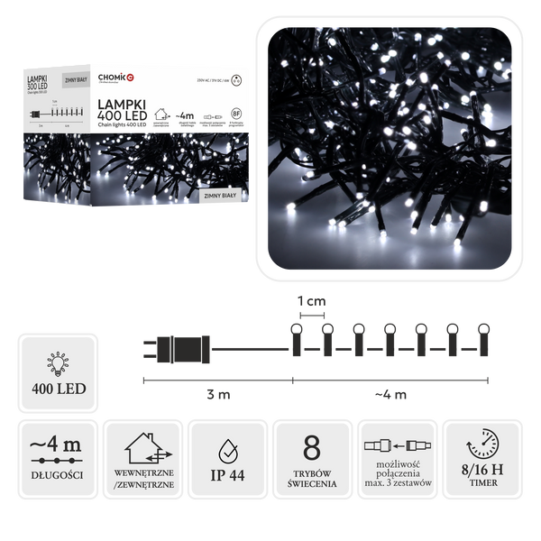 LED CLUSTER LIGHTS 400L COLD WHITE, L: 4 + 3 M IP44