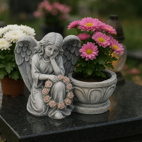 FIGURE OF A KNEELING ANGEL WITH A FLOWERPOT 23,5 X 12,5 X 20 CM