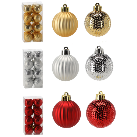 SET OF 16 BAUBLES 4 CM RED/GOLD/SILVER