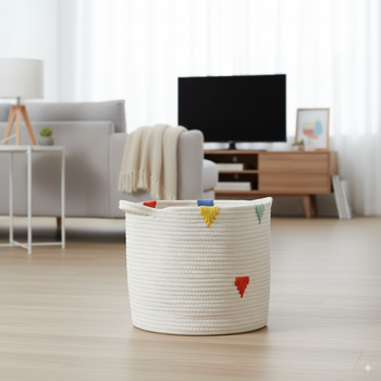 COȘ PENTRU RUFĂRI/JUCĂRII 27 x 24 CM ROTUND ALB CU MODEL COLORAT M *4984