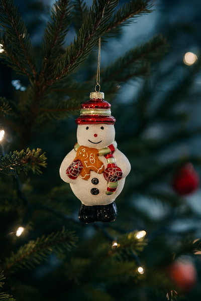 GLASS ORNAMENT - SNOWMAN WITH GINGERBREAD 16 X 8.6 CM