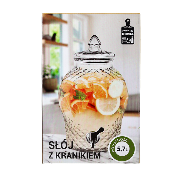 SŁÓJ SZKLANY 5,7 L ZDOBIONY  Z POKRYWĄ SZKLANĄ I KRANIKIEM *5744