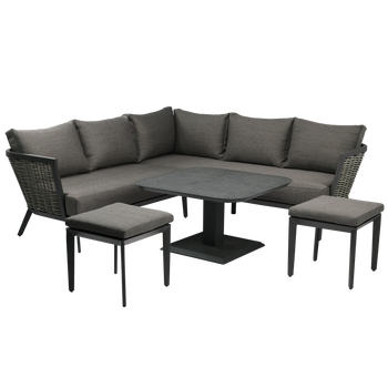 ALUMINUM FURNITURE SET (CORNER SOFA + 2 POUFS + TABLE WITH ADJUSTABLE HEIGHT) GREY + GREY CUSHIONS