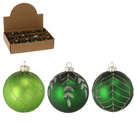 GLASS ORNAMENT - GREEN 8 CM GOLD DECORATIONS MIXED PATTERNS