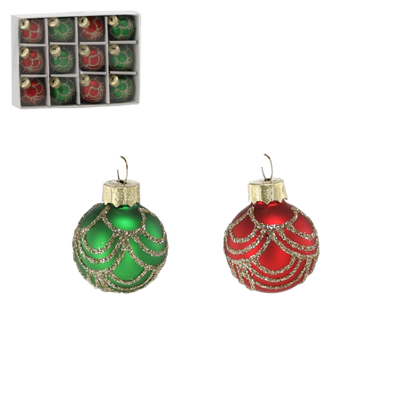 SET OF 12 GLASS ORNAMENTS - RED-GREEN