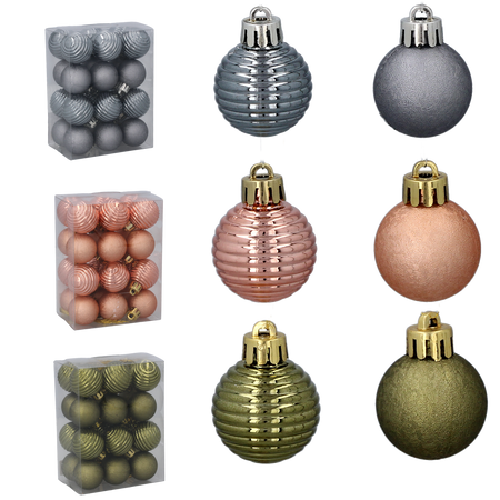 SET OF 24 BAUBLES 3 CM OLIVE/COPPER/GRAPHITE MIX DESIGNS