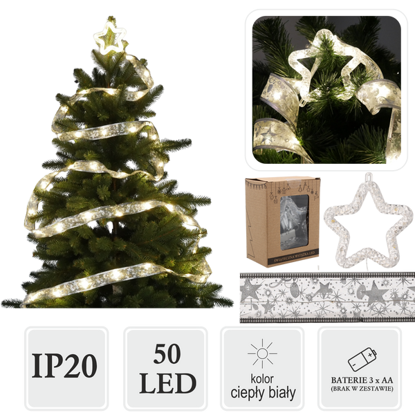CHRISTMAS RIBBON LED WITH STAR SILVER WARM WHITE