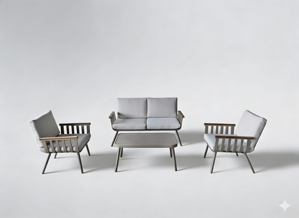 ZESTAW MEBLI ALUMINIOWYCH (SOFA + 2 FOTELE + STOLIK) BEŻOWY + BEŻOWE PODUSZKI 