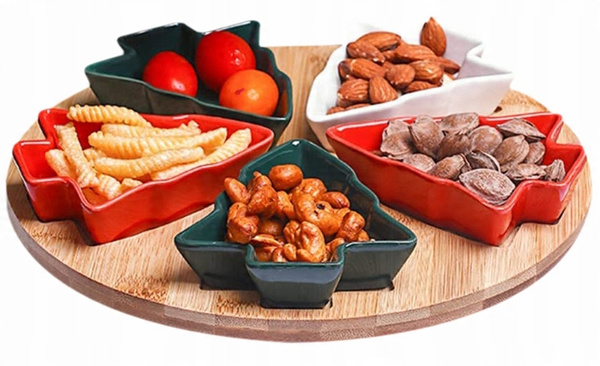 SET FOR SERVING APPETIZERS - 5 TREE-SHAPED BOWLS WITH BAMBOO BOARD