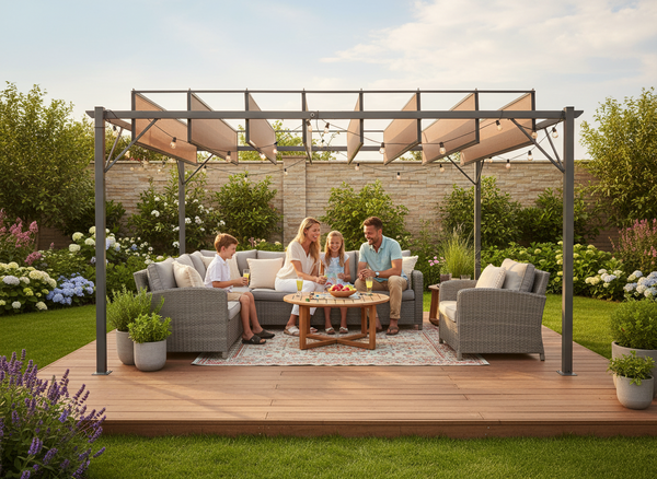 PERGOLA OGRODOWA Z RUCHOMYMI LAMELAMI Z POLIWĘGLANU 3 x 4 M BRĄZOWA