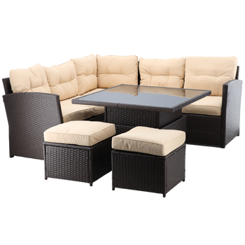 SET OF GARDEN FURNITURE (CORNER SOFA, 2 STOOLS, TABLE) - BROWN, CUSHIONS - BRIGHT
