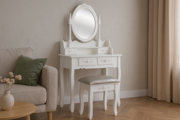 TOALETKA BIAŁA KOSMETYCZNA Z LUSTREM + TABORET *3992