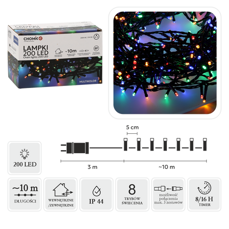 LAMPKI LED 200L MULTIKOLOR DŁ. 3 + 10 M WEWN/ZEWN *9461