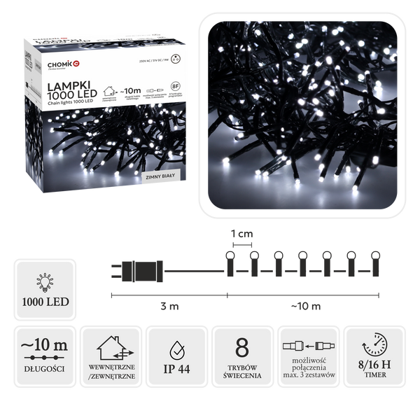 LED CLUSTER 1000L STUDENÁ BÍLÁ, DÉLKA 3 + 10 M VNITŘNÍ/VENKOVNÍ *8219