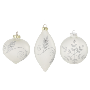 GLASS ORNAMENT - MATTE WHITE DECORATED MIXED PATTERNS
