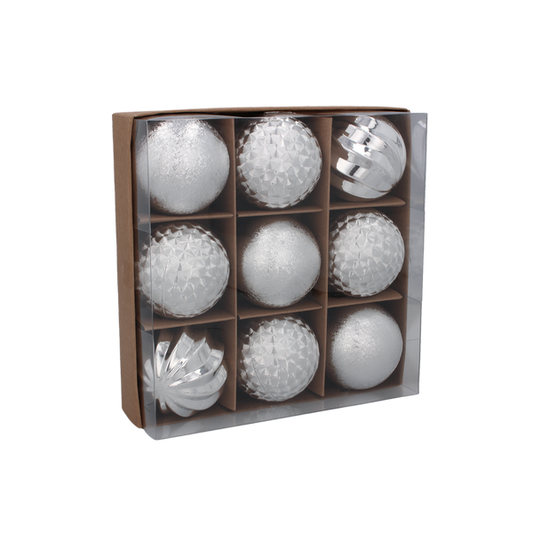 KPL. 9 DECORAȚII 6 CM ROȘU/ALBASTRU/ARGINTIU *7634