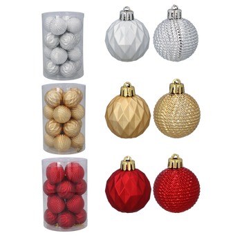 SET OF 16 BAUBLES 4 CM RED/GOLD/SILVER