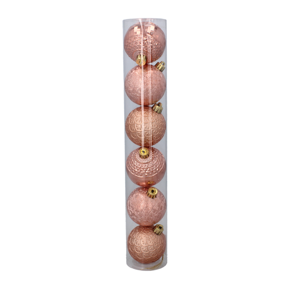 Súprava 6 ozdobných gulí 6 cm olivovej/ medi/ grafitovej mix vzorov tubus *7092