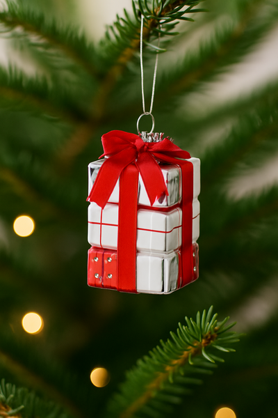 GLASS ORNAMENT - PRESENT WHITE-RED 4.7 X 4.7 X 8.3 CM
