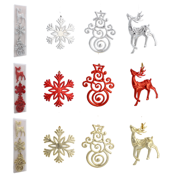 Set de 3 ornamente de Crăciun ren / fulg de nea / om de zăpadă mix culori *5874