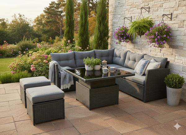 ZESTAW MEBLI RATTANOWYCH ( SOFA NAROŻNA + 2 PUFY + STOLIK Z REGULOWANĄ WYS. ) SZARY + SZARE PODUSZKI