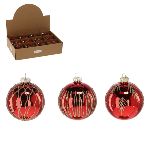 GLASS BAUBLE - RED GLOSS MIX DESIGNS 8 CM