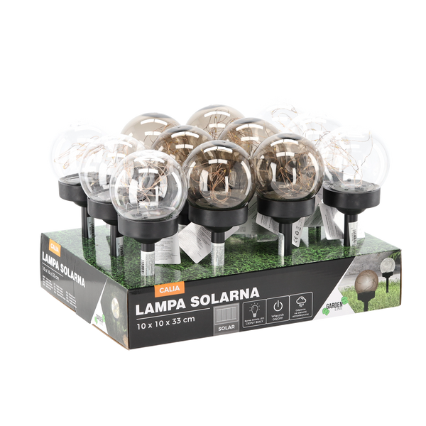 LAMPA SOLARNA CALIA 10 x 10 x 33 CM CZARNA DYMIONA / CZARNA TRANSPARENTNA CIEPŁY BIAŁY disp=12 szt *4283