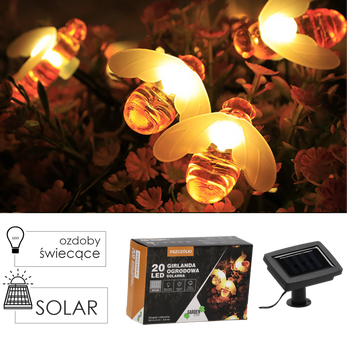 GIRLANDA SOLARNA OGRODOWA DŁ. 2 + 3,8 M PSZCZÓŁKI 20 LED CIEPŁY BIAŁY *3637