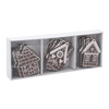 SET OF 18 WOODEN CHRISTMAS DECORATIONS DARK BROWN ASSORTED 3 DESIGNS HOUSES