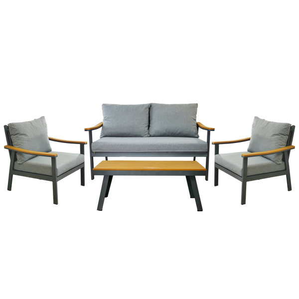 SADA HLINÍKOVÝCH NÁBYTKŮ "LUBLANA" (ROHOVÁ SOFA + 2 KŘESLA + STOLEK) ŠEDÁ + ŠEDÉ POLŠTÁŘE *9545