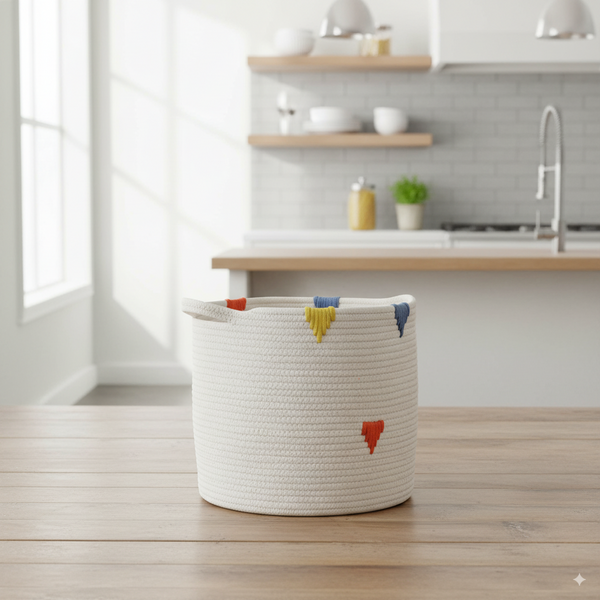 ROUND BASKET WHITE WITH COLORFUL PATTERN SIZE L