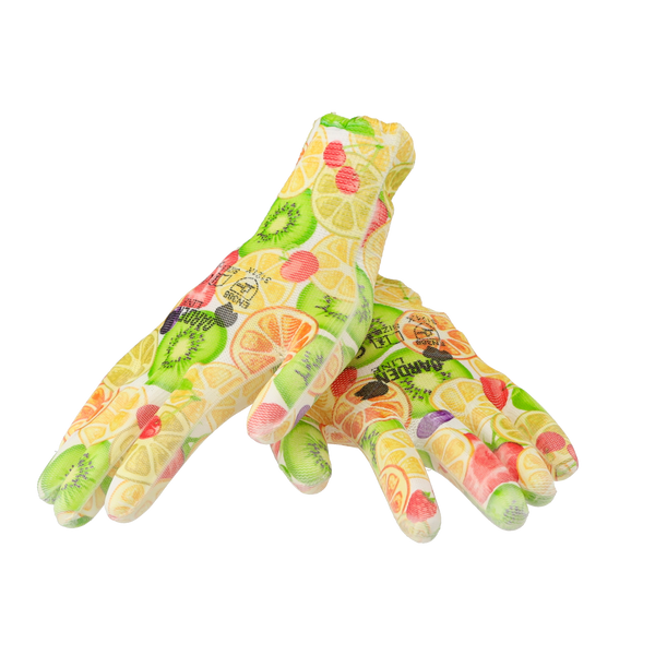Mânuși de protecție "8" tricotate cu model de fructe din poliester acoperite cu poliuretan ambalaj=12 buc *6881