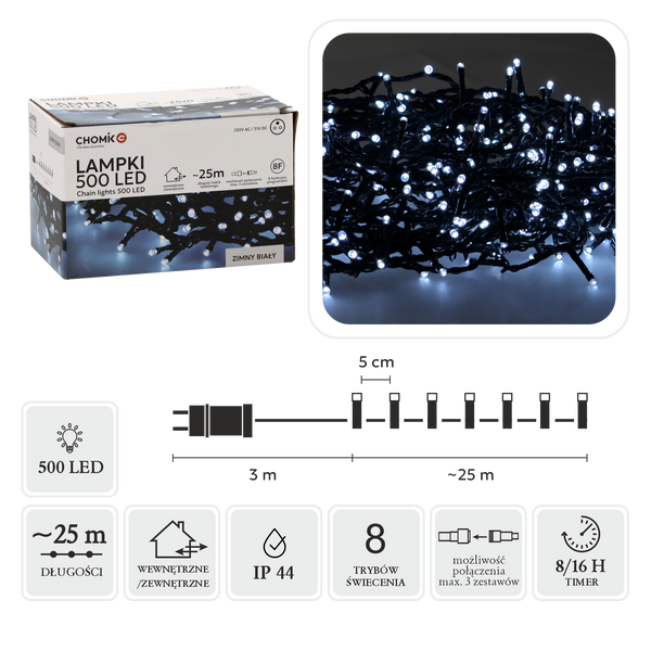 LAMPKI LED 500L ZIMNY BIAŁY, DŁ. 3 + 25 M WEWN/ZEWN *9577